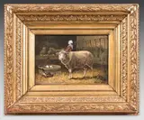 Moutons et bergères dans une étable by Cornelius Van Leemputten, Panneau, sold Jun 2024