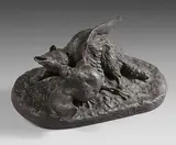 Raton laveur étranglant un canard by Pierre-Jules Mêne, Bronze à patine brune signé en creux sur la terrasse, sold Jun 2024