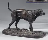 Chien courant marqué d'un «W» sur le flanc, équipage du Prince de Wagram by Pierre-Jules Mêne, Bronze à patine brune signé en creux sur la terrasse, sold Jun 2024