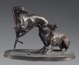 Groupe de deux lévriers jouant à la boule by Pierre-Jules Mêne, Bronze signé en creux sur la terrasse, sold Jun 2024