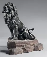 Lion assis by Leon Bureau, Bronze à patine brun vert sur un socle en granit signé en creux sur la terrasse, sold Jun 2024