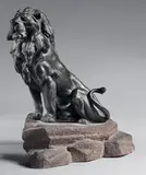 Lion assis by Leon Bureau, Bronze à patine brun vert sur un socle en granit signé en creux sur la terrasse, sold Jun 2024