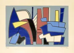 Composition abstraite by Alberto Magnelli, Lithographie en couleurs numérotée en bas à gauche et signée au crayon en bas à droite Edi, sold Jun 2022