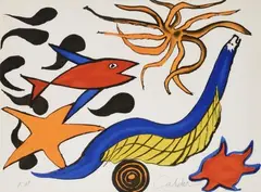 ALEXANDER CALDER (1898-1976) Sea Creatures, Our Unfinished Revolution, 1975-6 by Alexander Calder, Lithographie en couleurs sur vélin d'Arches annotée EA et signée au crayon en bas à droite, sold Jun 2022