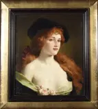 Jeune femme à la chevelure rousse by Jules-Frédéric Ballavoine, Toile signée en bas à gauche: J, sold Apr 2022