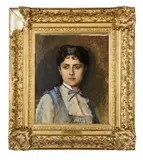 Portrait de jeune femme à la robe bleue by Auguste Toulmouche, Toile marouflée sur panneau, sold Apr 2022