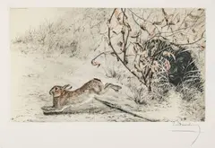 Cocker et lapin by Léon Danchin, Lithographie en couleurs, sold Feb 2022