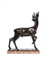 Chevreuil surpris by Fritz Diller, Bronze à patine brun clair, fonte ancienne signé sur la terrasse, sold Feb 2022