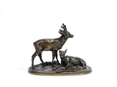 Pierre-Jules MÊNE (1810 - 1879) Chevreuil et sa femelle by Pierre-Jules Mêne, Bronze à patine brune nuancé, fonte ancienne, sold Feb 2022