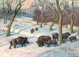 Georges Frédéric Rötig (1873-1961) Compagnie de sanglier dans la neige by Georges Rötig, Aquarelle gouachée, sold Feb 2022