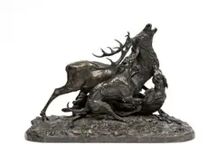 Hallali du cerf à l’équipage du Prince de Wagram by Pierre-Jules Mêne, Bronze à patine brune, fonte ancienne, sold Feb 2022