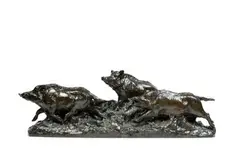 Compagnie de trois sangliers by Maximilien Louis Fiot, Bronze a patine brune, fonte à la cire perdue, Susse Frères, Fonte ancienne signée sur la, sold Feb 2022