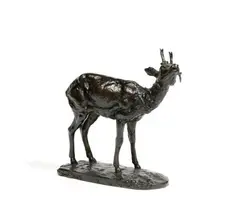 Chevreuil mangeant une branche by Albert-Pierre Laplanche, Bronze à patine brune, fonte ancienne signé sur la terrasse Dédicacé en dessous : offert à, sold Feb 2022