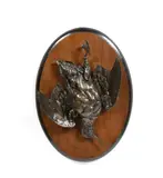 Quatre médaillons de nature morte, perdrix, vanneaux, canard, bécasse by Jules Moigniez, Bronze à patine médaille sur panneau en noyer signé sur les plateaux, sold Feb 2022