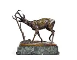Chevreuil se frottant les bois by Christophe Fratin, Bronze à patine médaille, estampillé sur la terrasse et repose sur un socle en marbre vert, sold Feb 2022