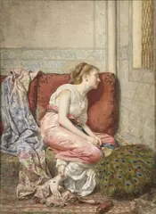 Femme assoupie sur un sofa oriental by Alexandre Leloir, Gouache signée en bas à gauche, sold Nov 2021
