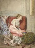 Femme assoupie sur un sofa oriental by Alexandre Leloir, Gouache signée en bas à gauche, sold Nov 2021