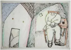 ATTENDRE, VERS 1982 by Jean-Charles Blais, Acrylique, pastel et crayon sur papier, deux éléments, marouflés sur toile et contrecollé, sold Dec 2020