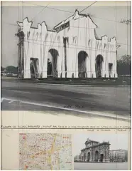 PUERTA DE ALCATA, WRAPPED, PROJECT FOR MADRID by Christo, 1981, Collage de tissu, fil et photos sur fond lithographique signée en bas à gauche et numéroté, sold Dec 2020