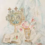 Nature morte au pique-fleurs et verre de Bohème by Maja Berezowska, 1953, Mine de plomb et aquarelle sur papier, sold Nov 2025