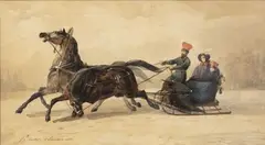 Famille russe sur un traineau à Saint Petersbourg. 1838 by Carl Vernet, Aquarelle sur papier, sold Nov 2025