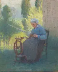 Vieille dame filant dans le jardin by Jacques Weismann, Pastel sur papier, sold Oct 2025