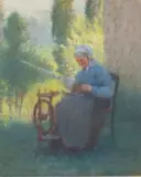Vieille dame filant dans le jardin by Jacques Weismann, Pastel sur papier, sold Oct 2025