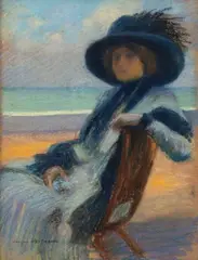 Élégante au chapeau devant la plage by Jacques Weismann, Pastel sur papier, sold Jul 2025