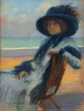 Élégante au chapeau devant la plage by Jacques Weismann, Pastel sur papier, sold Jul 2025