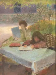 La lecture au jardin by Jacques Weismann, Pastel sur papier, sold Jul 2025
