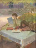 La lecture au jardin by Jacques Weismann, Pastel sur papier, sold Jul 2025