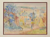 Paysage au village animé by Michel Kikoine, Mine de plomb et aquarelle sur papier, sold Jul 2025