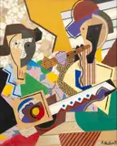 Les musiciens by Antonio Huberti, Technique mixte gouache et collage sur panneau, sold Jul 2025
