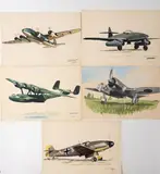 Cinq avions allemands comprenant Fock-wulf, Messerschmitt et Dornier by Jean Noël, Gouache et aquarelle sur papier, sold May 2025