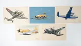 Cinq avions anglais dont Leo, Meteor et Mosquito by Jean Noël, Gouache et aquarelle sur papier, sold May 2025
