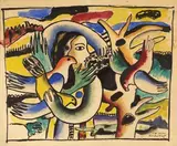 Femme aux oiseaux by Fernand Léger, Aquarelle, et encre de Chine, sold Dec 2023