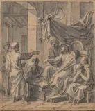 Scène d'histoire ancienne by François-Alexandre Verdier, Plume encre noire, lavis gris sur traits de crayon noir et rehauts de craie blanche Mise a, sold Nov 2023