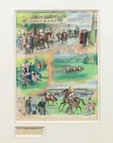 Journée des foules, Lonchamp - Dimanche 19 mai 1949 by Maurice Taquoy, Gouache sur papier journal, sold Nov 2023