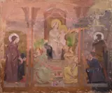 Vierge à l'Enfant, anges, saints et donateurs (étude de triptyque) by Gustave Popelin, Toile et châssis d'origine, sold Nov 2023