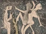Trois figures dansant by Roberto Matta, Eau-forte et aquatinte en couleurs sur vélin crème, sold Nov 2023
