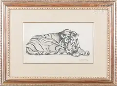 Tigre couché by Gaston Suisse, 1923, Crayon gras et rehaut de gouache sur papier, sold Mar 2025