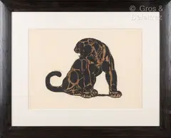 Jaguar noir assis by Paul Jouve, vers 1930, Lithographie originale en couleur Epreuve d’artiste sur papier japon impérial, sold Mar 2025