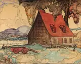 Sans titre - Maison au toit rouge by Marc-Aurèle Fortin, Aquarelle et fusain sur papier, sold Sep 2025