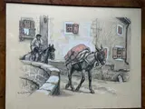 Paysan basque à cheval et sa mule by René Maxime Choquet, Fusain, crayons de couleur et rehauts de blanc, sold Jul 2025