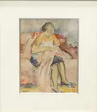 Femme à la couture assise, aux chaussures bleues by Sonia Lewitska, Aquarelle signée en bas à gauche, sold Jul 2025