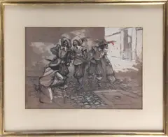 Les mousquetaires » Projet d’illustration by Louis Fortuney, Mine de plomb, encre, aquarelle et gouache, sold Feb 2026