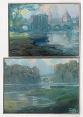 Paysages, « Pont » et « Pont et château by Louis Fortuney, Pastel, sold Feb 2026