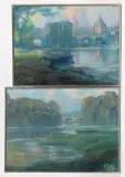 Paysages, « Pont » et « Pont et château by Louis Fortuney, Pastel, sold Feb 2026