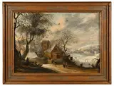 Cariole quittant un village dans un paysage enneigé by Frans de Momper, Panneau parqueté, sold Jan 2026