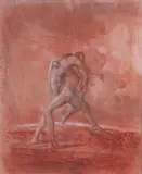 Due figure maschili avvinghiate tra loro Matita nera, sanguigna e biacca su carta colorata by Agostino Arrivabene, 1999, Crayon noir, sanguine et réhauts blancs sur papier coloré, sold Jan 2021